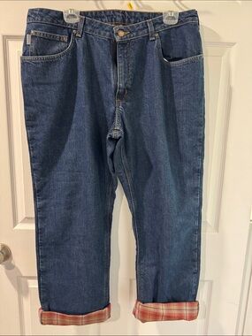 Carhartt Women's Straight-Leg Jeans in Dark Blue with Cuffed Plaid Hem